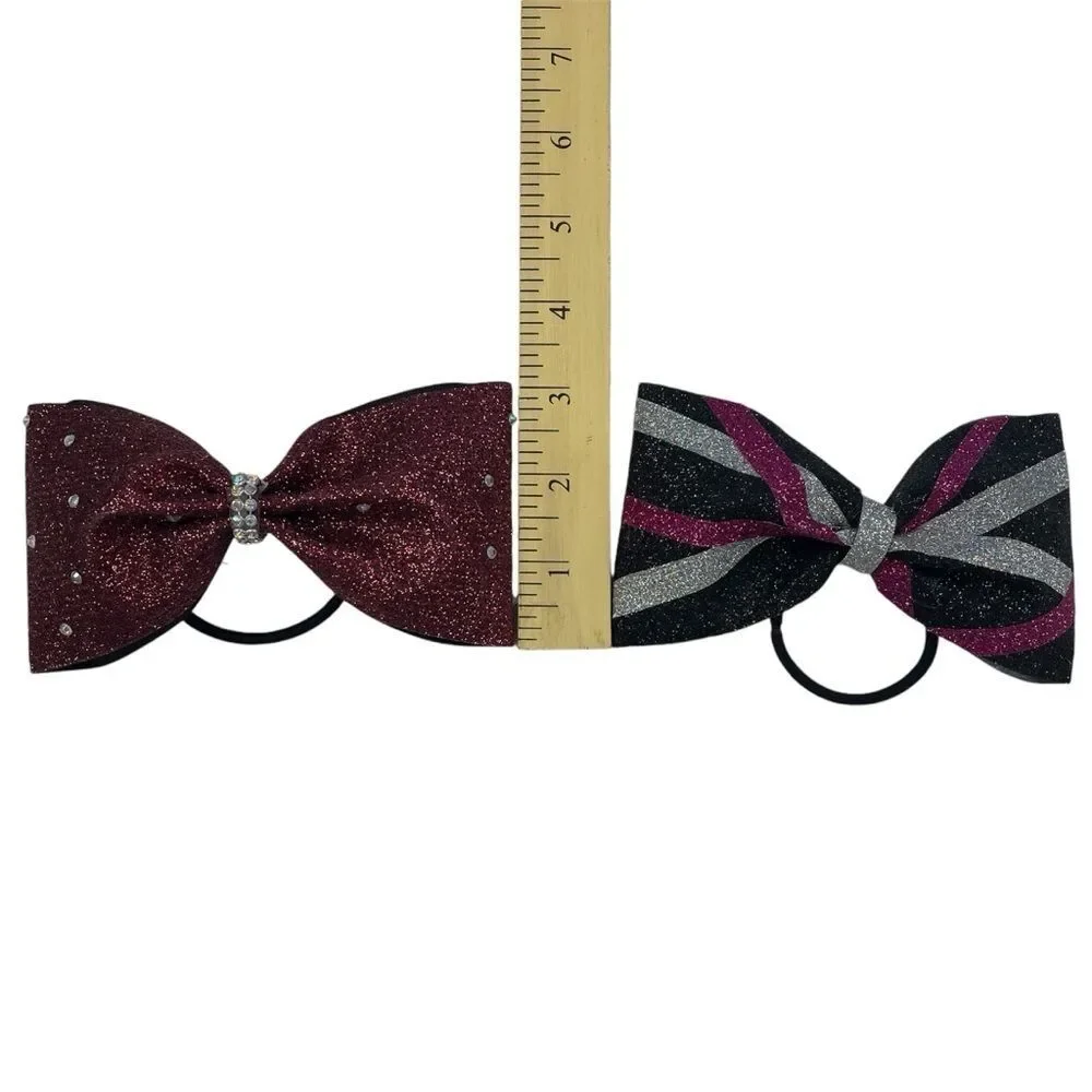 Cheer Hair Bows Set of 2 Elastic Band Burgundy Black Pink Silver Girl's Small